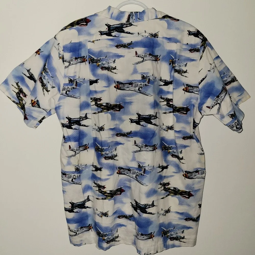 Vintage Dem Crazy Short Sleeve Button Up Shirt Men's Size‎ XL Airplanes Pocket